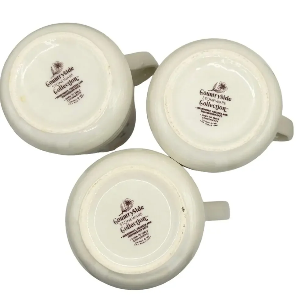 Vintage 80s Countryside Stoneware Coffee Tea Mugs Basket Floral Set of 3
